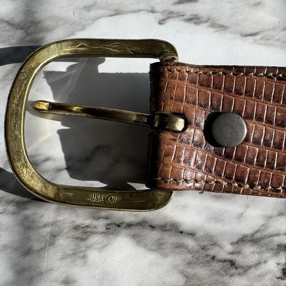 Tex Tan Leather Lizard Scroll Inlay Western Belt Size 34 Brown Brass Buckle USA - Picture 3 of 16
